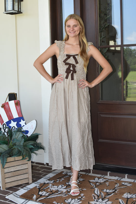 Neutral Gingham Bow Midi