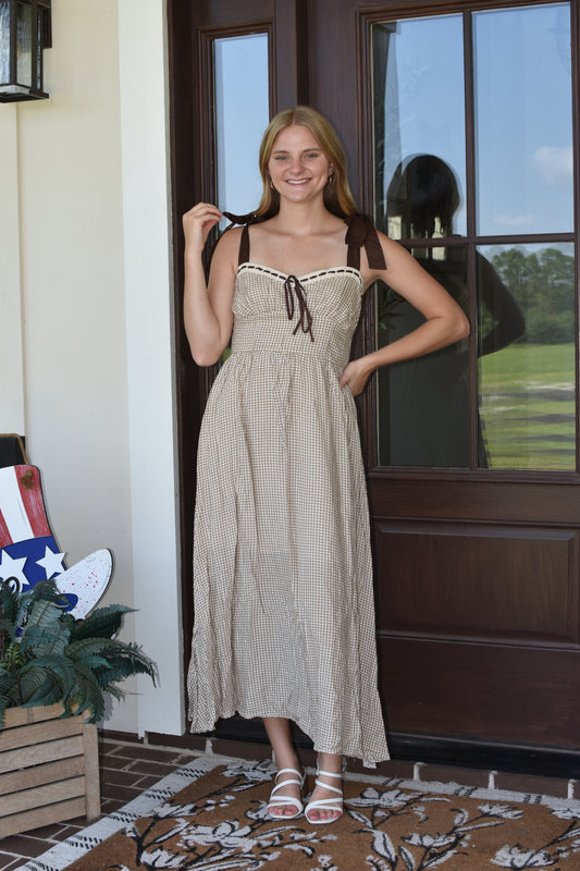 Neutral Gingham Bow Sleeves Midi