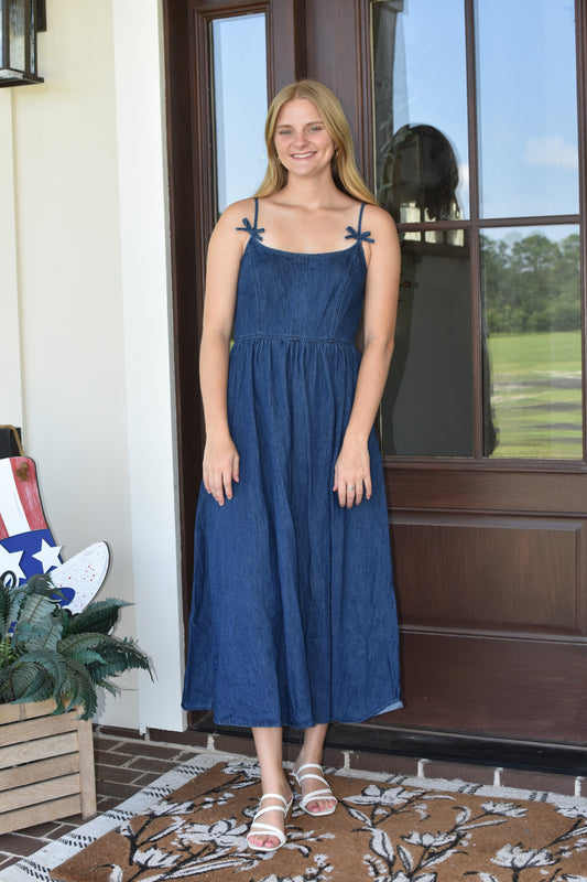Bow Sleeve Denim Midi