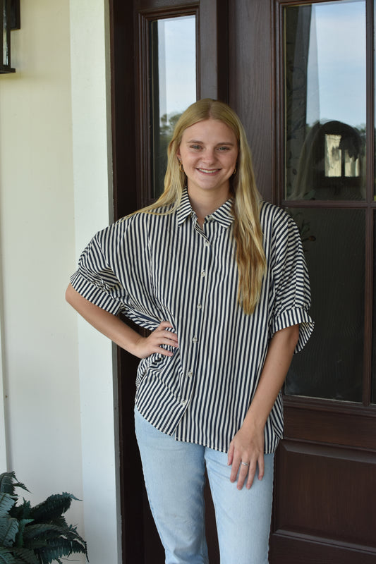 Navy Striped Button Up