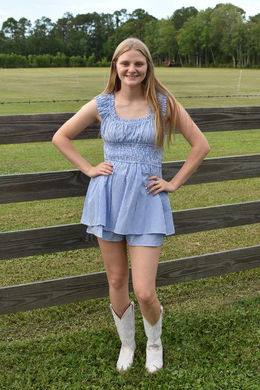 Blue and White Striped Romper
