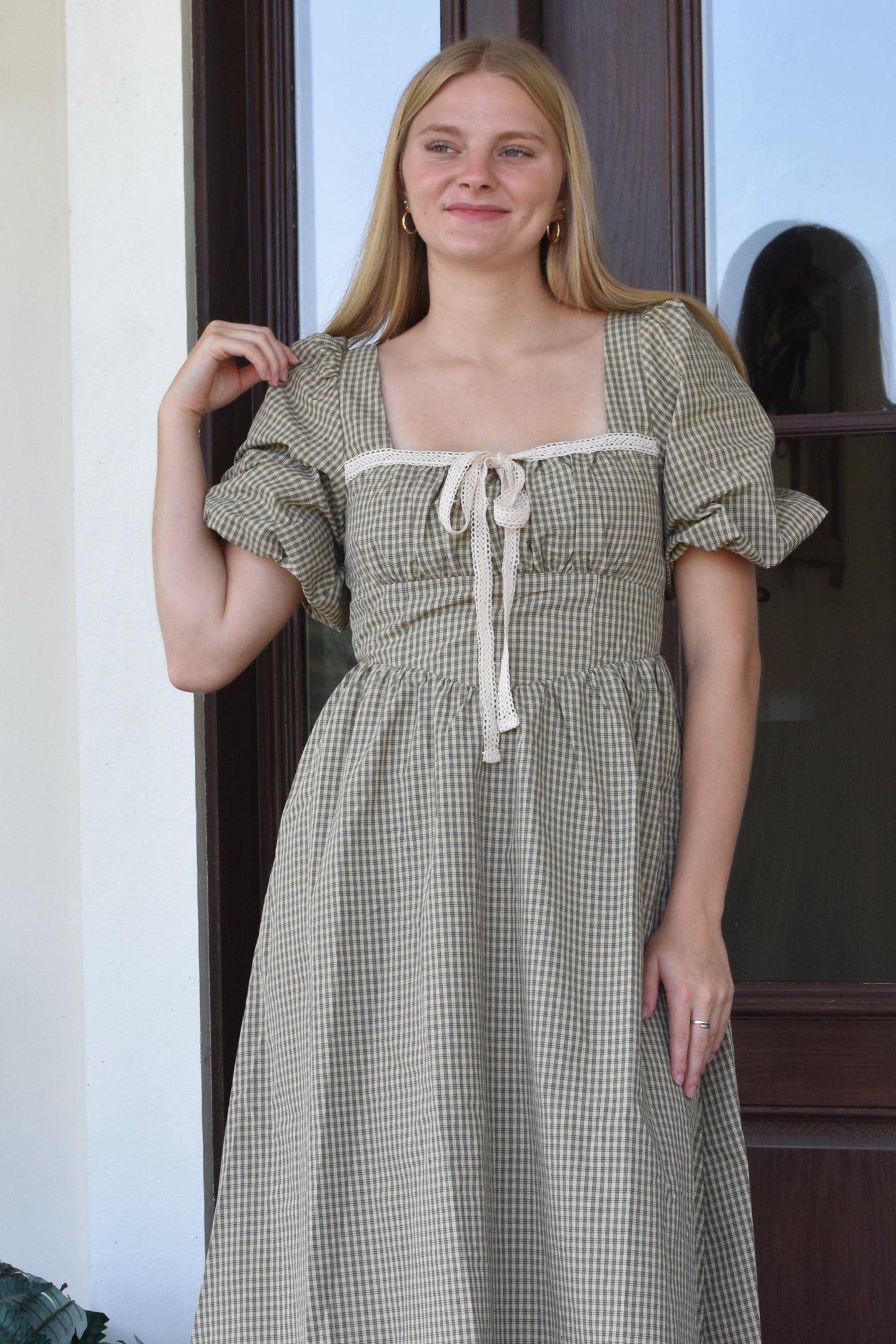 Neutral Gingham Lace Bow Midi