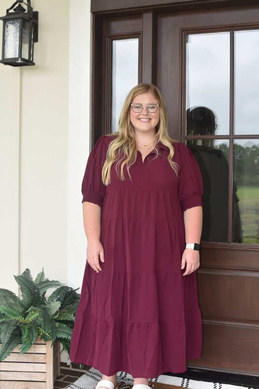 Wine Midi Collared Dress