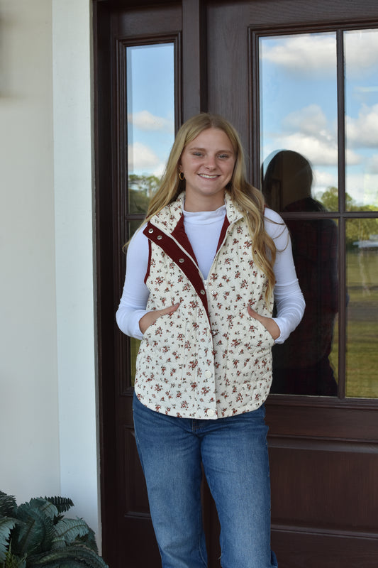 Red Floral Corduroy Vest