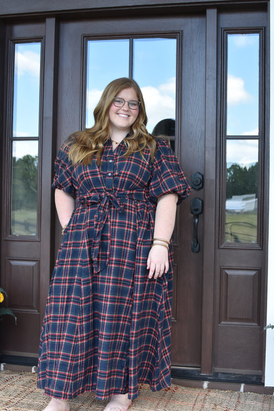 Navy Christmas Plaid Midi, CURVY