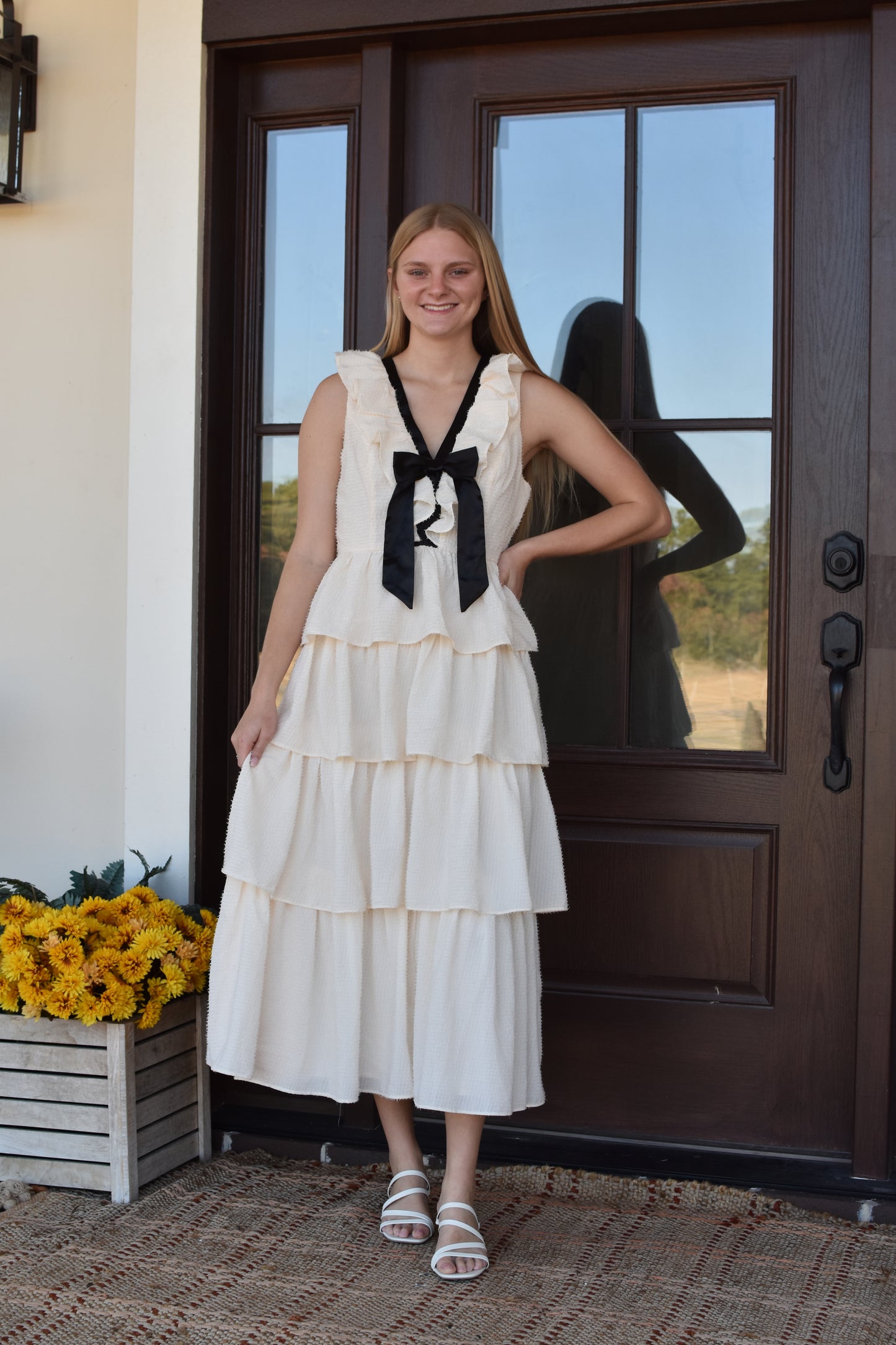 Cream Ruffle Neck Tiered Midi