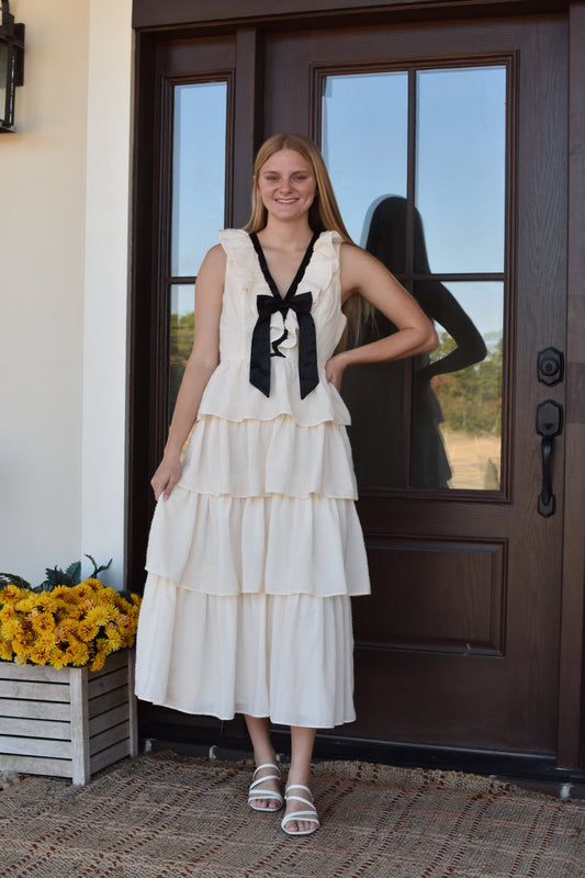 Cream Ruffle Neck Tiered Midi