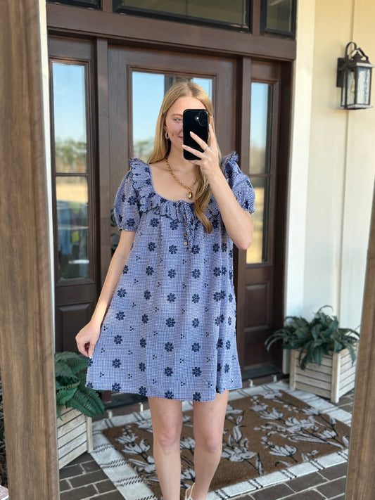 Navy Embroidered Floral Mini
