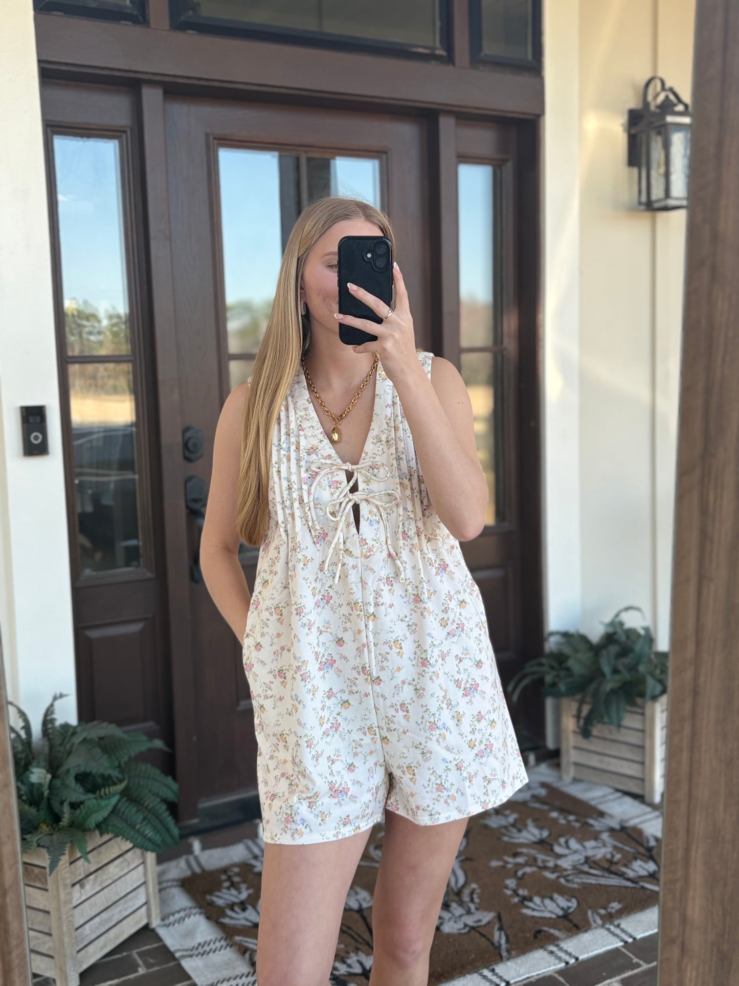Ivory Floral Tie Sleeveless Romper
