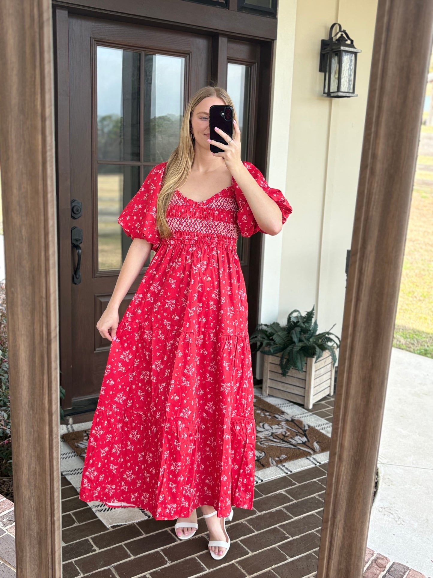 Red Multi Floral Smocked Maxi
